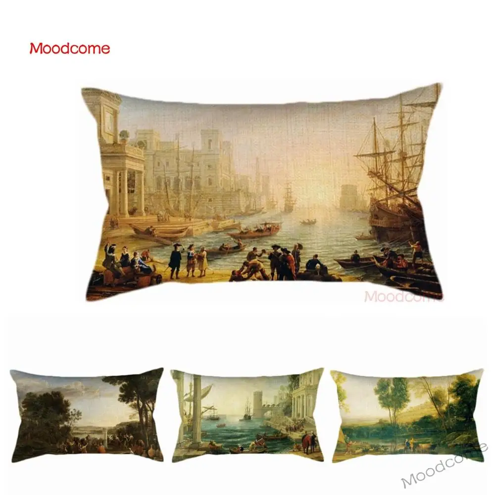 

Baroque era Style Claude Lorrain Landscape Seaport Sunrise Sunset Oil Painting Lumbar Cushion Case Rectangle Waist Pillow Cover