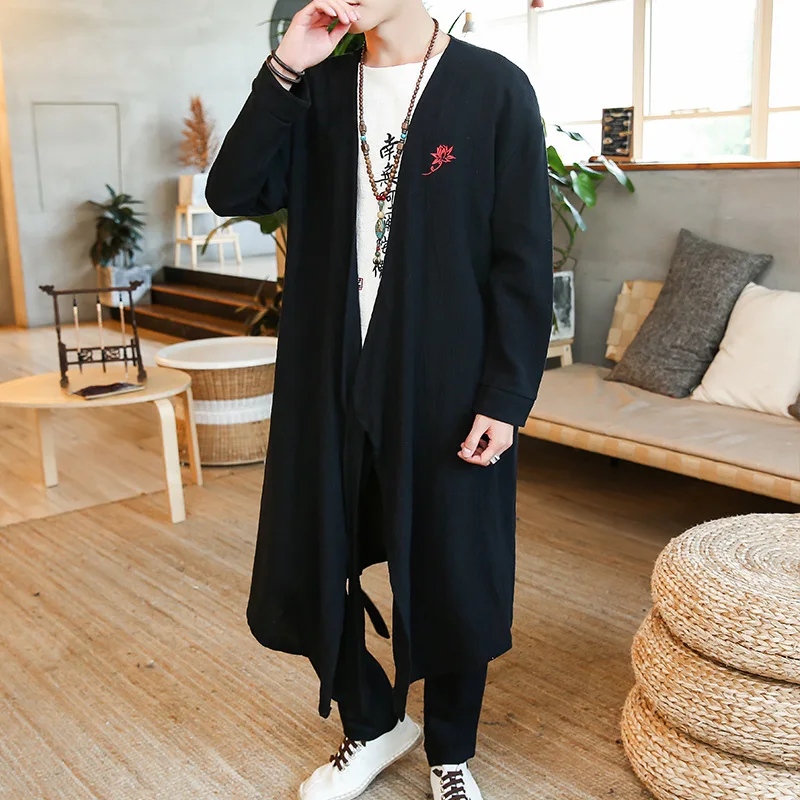 

Chinese-style Autumn And Winter 2018 Lotus Embroidered Retro Large Size Long Sweater Cotton Linen Mid-length Trench Coat Coat