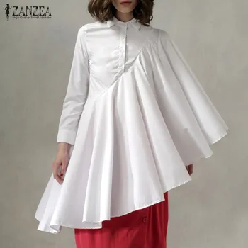 

Stylish ZANZEA Women Casual Lapel Neck Ruffles Shirt Blusas Femme Long Sleeve Asymmetric Blouse Flounce Tops Tunic Loose Chemise