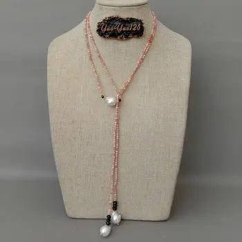 

51'' Natural Faceted Pink Rhodochrosite Black Gems Stone Keshi Pearl Long Necklace
