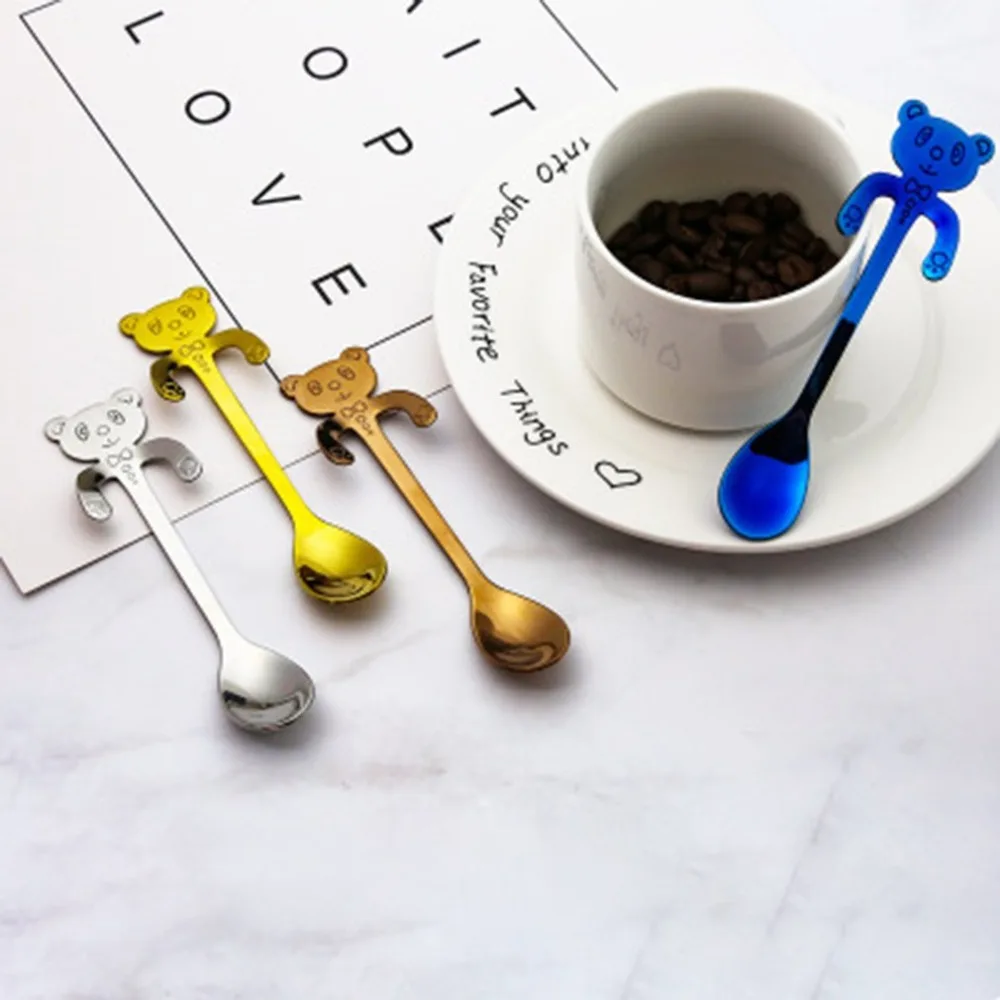 Creative Cartoon Cute Bear Spoon Stainless Steel Coffee Spoon Hanging Cup Spoon Long Handle Spoons Kitchen Gadget