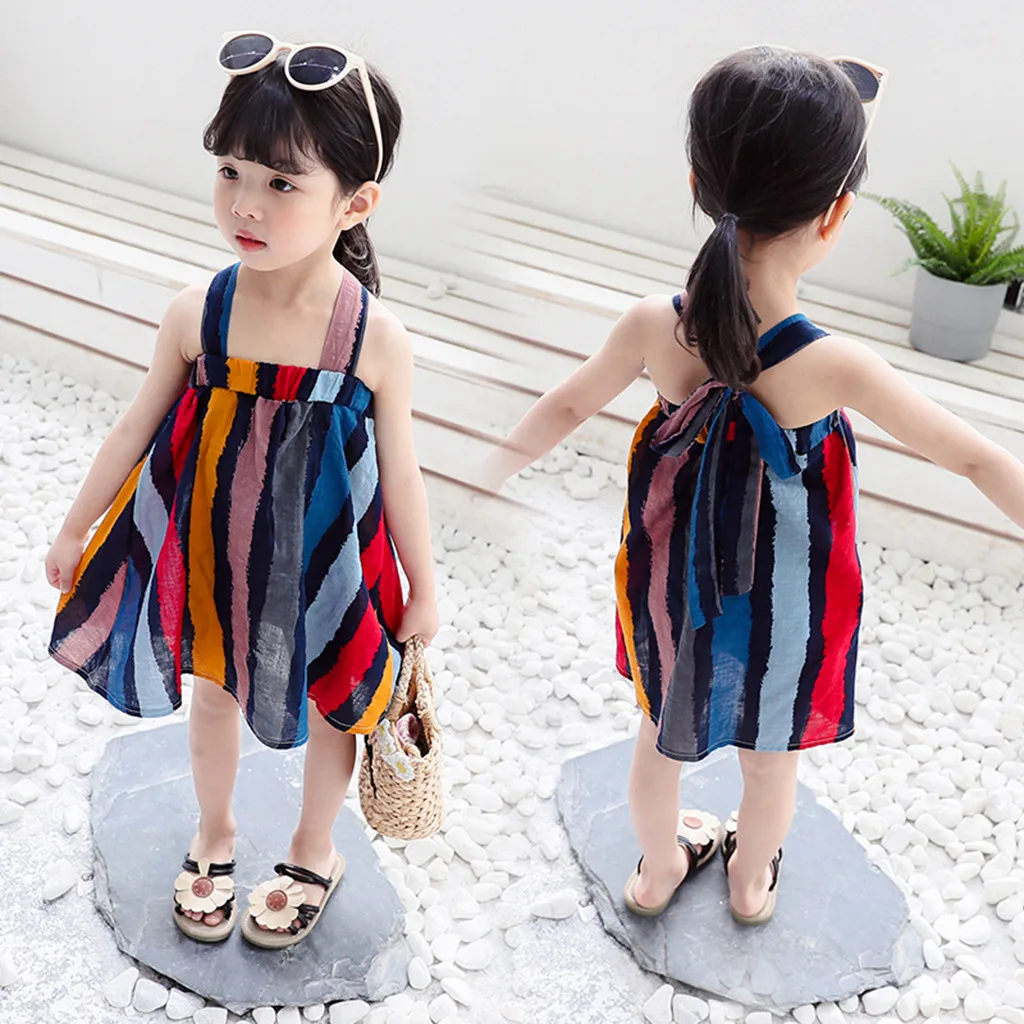 Fashion Dress For Girls Sleeveless Rainbow Bow-knot Striped Holiday Summer Beach Cotton Soft Above Knee Girl Clothes | Детская одежда и