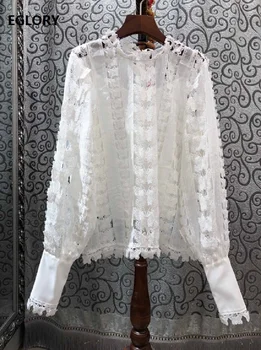 

Tops Fashion Silk Cotton Blouses 2020 Spring Summer Shirts Women Hollow Out Lace Embroidery Long Sleeve Sexy White Pink Shirts