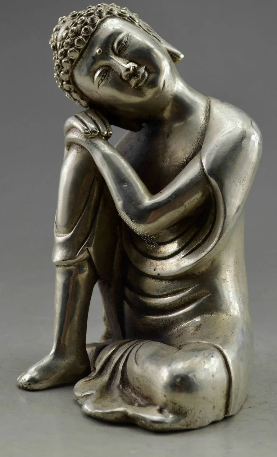 Collectible Decorated Old Handwork Tibet Silver Carved Trunk Buddha Statue