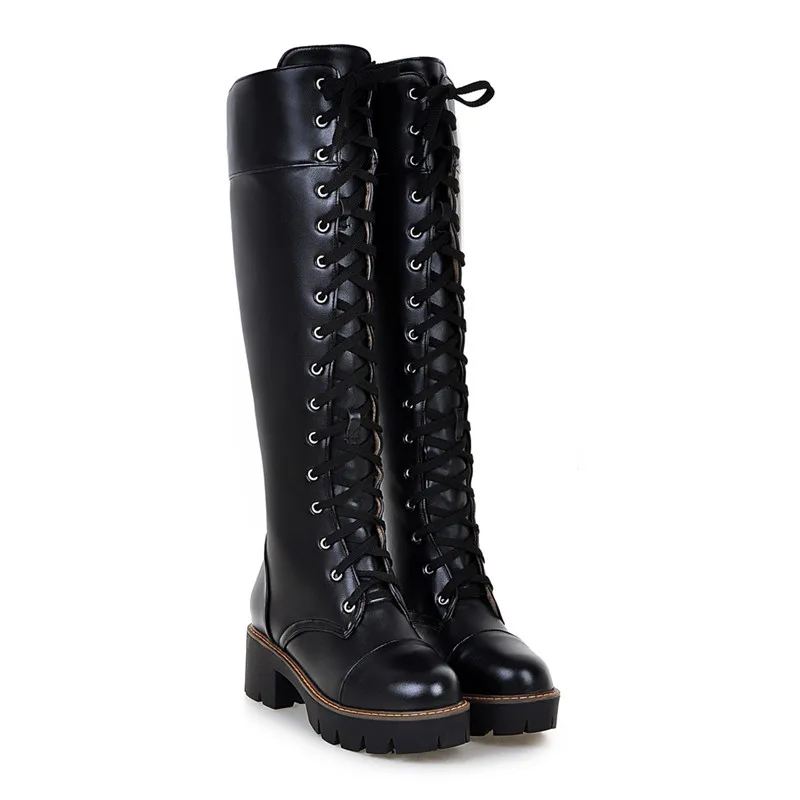 Черный YMECHIC/байкерские сапоги-гладиаторы до колена на высоком квадратном каблуке с перекрестными ремешками; Цвет черный, белый; зимняя женская обувь; высокие сапоги для езды; коллекция года - Цвет: Черный