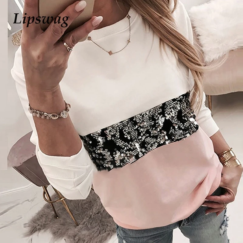 Preise Frauen Pailletten Print Sweatshirt Fashion Lippen Herbst Leopard Langarm Perlen O ansatz Hoodie Damen Kawaii Sweatshirt Hoodies