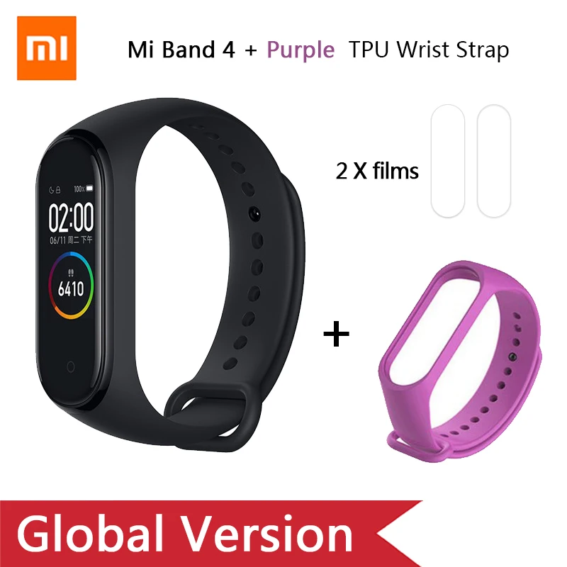 Глобальная версия, Xiaomi mi-браслет 4 mi Band 4, музыкальный цветной экран, фитнес-частота сердечных сокращений, Bluetooth 5,0, умные часы, Russina - Цвет: Add Purpel strap