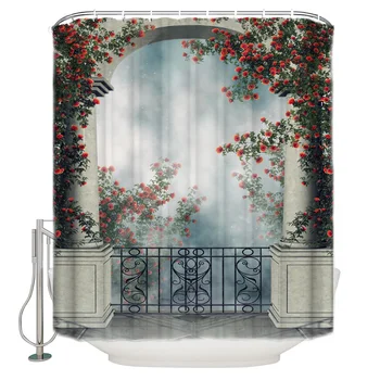 

Balcony Roses Flower Vine Arch Stone Fog Bathroom Shower Curtain With Hook Fittings Bathroom Waterproof Shower Curtain