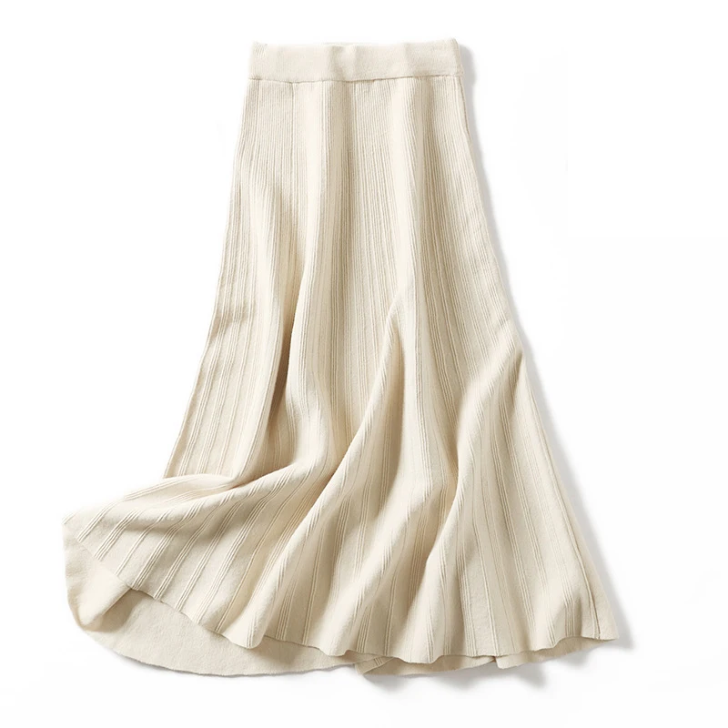 

2019 Winter Women Knitted Skirt Gray Black Elastic Wiast Pleated Long Skirt Women Solid A Line Faldas Mujer Moda 2019