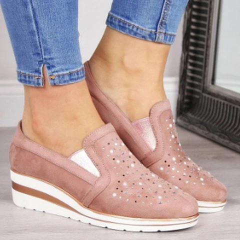 Spring Autumn Loafer Light Weight Platform Casual Shoes Rhinestone Shining Women Shoes Silver Color Zapatos De Mujer