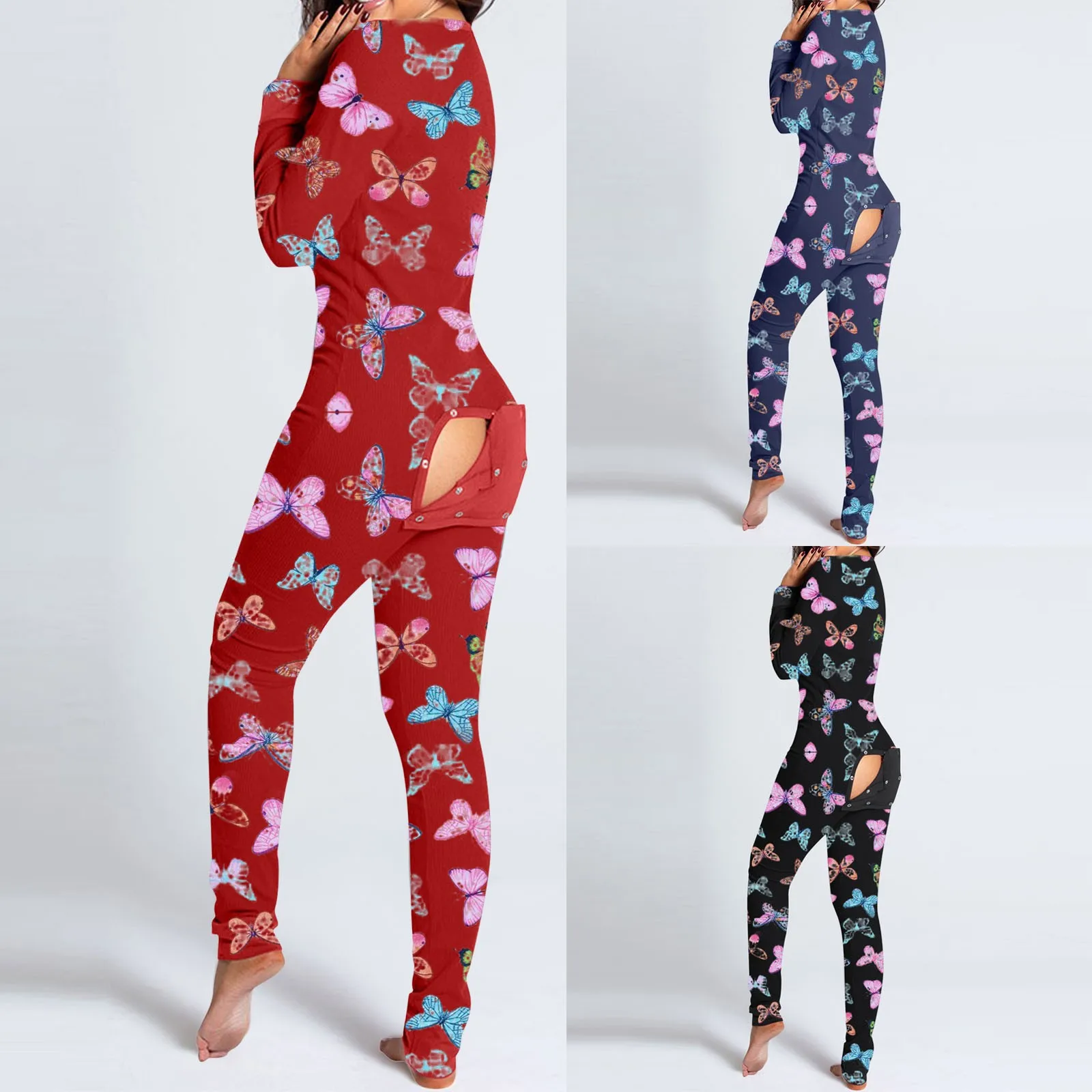 Pijama con estampado de mariposa para mujer, Sexy, funcional, abotonado, solapa, pijamas para adultos, diseño de agujero, Plunge Lounge