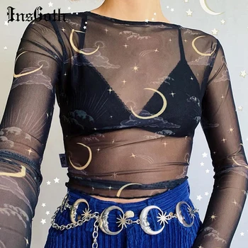 

InsGoth Bodycon Mesh Long Sleeve Tops Women Gothic Harajuku Moon Print See-through Sexy T-shirts Female Hollow Out Vintage Tops
