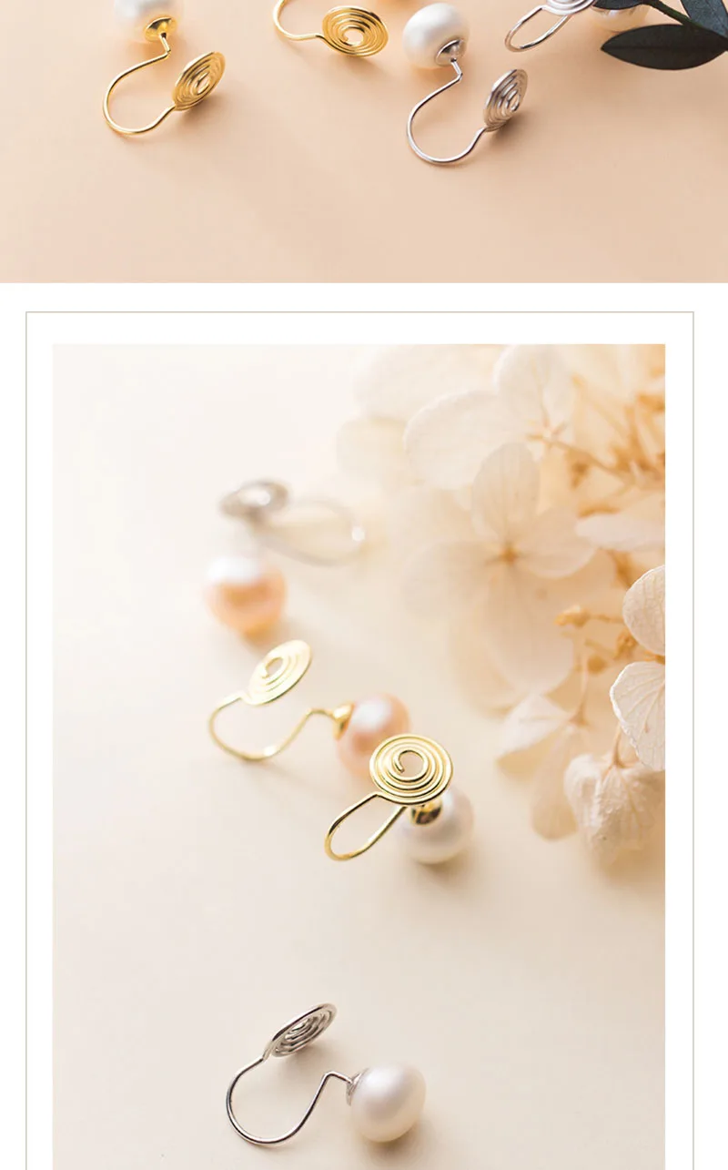 1 Pair White/Pink Round Shell Pearl Clip On Earrings 925 Sterling Silver Gold/Silver Jewelry No Ear Hole Earring for Girls Women