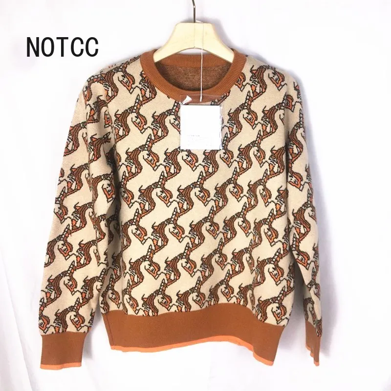 

High Quality Fall 2020 New Unicorn Double Jacquard Crew Neck Retro Vintage Soft Sweater for Women Knitwear Knits