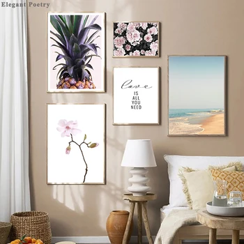 

Nordic Flamingo Flower Landscape plant Wall Canvas Poster Pineapple Sea Print Painting Scandinavian Picture Living Room Decor