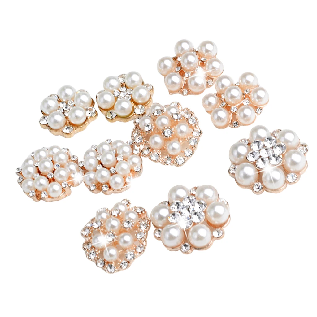 10 Pieces Assorted Alloy Flower Rhinestone Pearl Flatback Crafts Buttons Embellishments