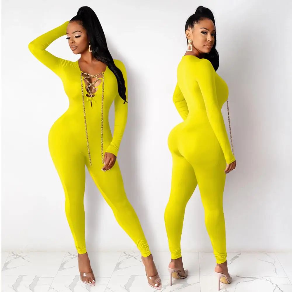 

2020 Fall New Sexy Deep V Neck Chain Lace Up Jumpsuits Hollow Out Long Sleeve Bandage Party Club Body-con Rompers