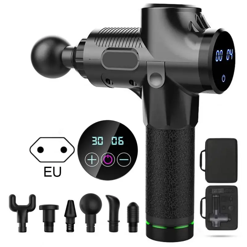Black EU PLUG 30 передач, массажер для мышц, электрический, с ЖК-дисплеем, цифровой дисплей, массаж мышц, пушки для тела, расслабляющий рельеф, массажная машина, 6 головок, 3200 об/мин - Цвет: Black EU PLUG