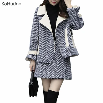 

Kohuijoo 2019 Mini Wool Skirt Suit Women Plus Size Two Piece Clothing Sets Ladies Patchwork Woolen Jacket and Skirt Suit Set
