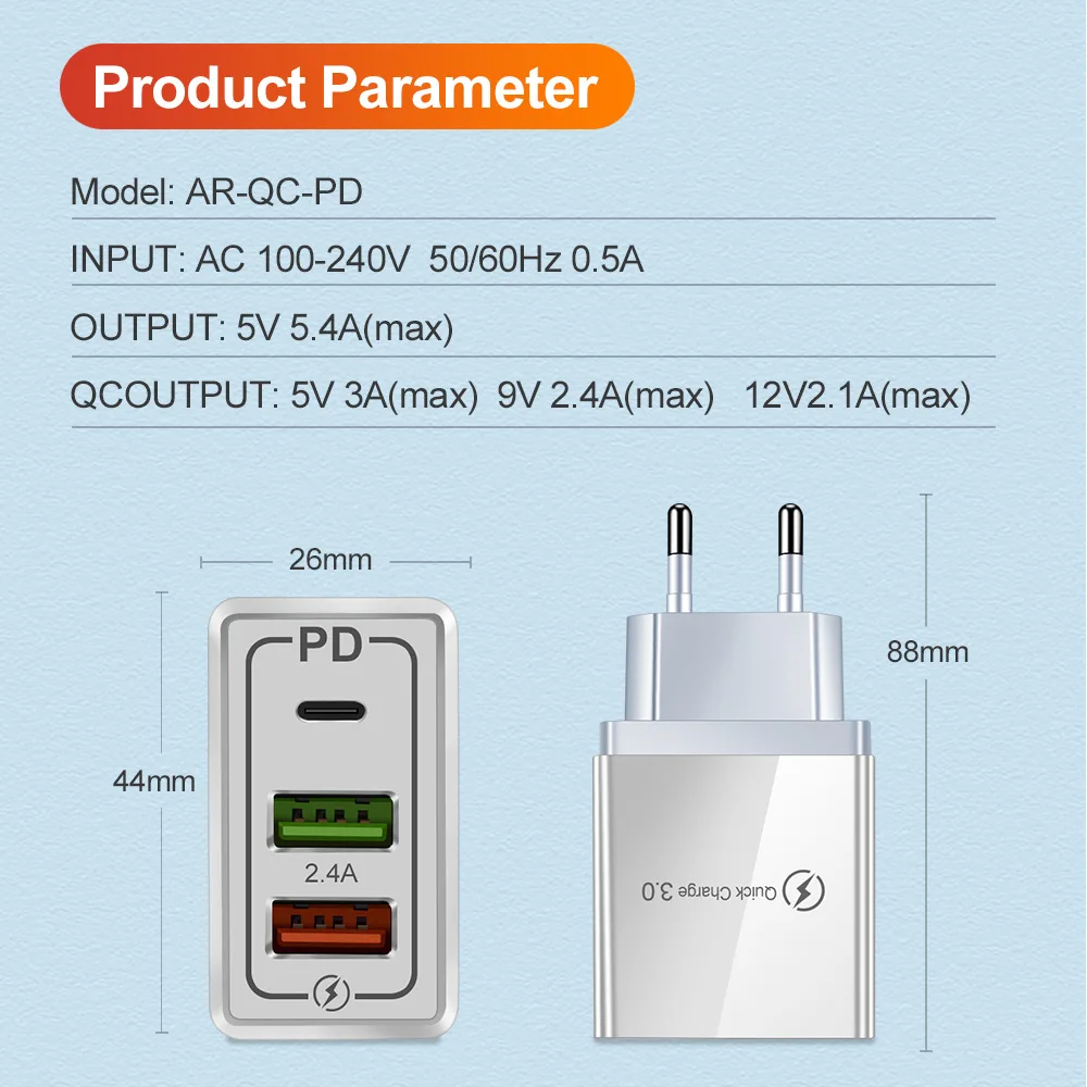 3 Port 27W Fast USB C Charger PD Type c Charger USB C Charger Block Compatible for iPhone 13 12/12 Mini 12 Pro Max mobile phone bluetooth watch charger