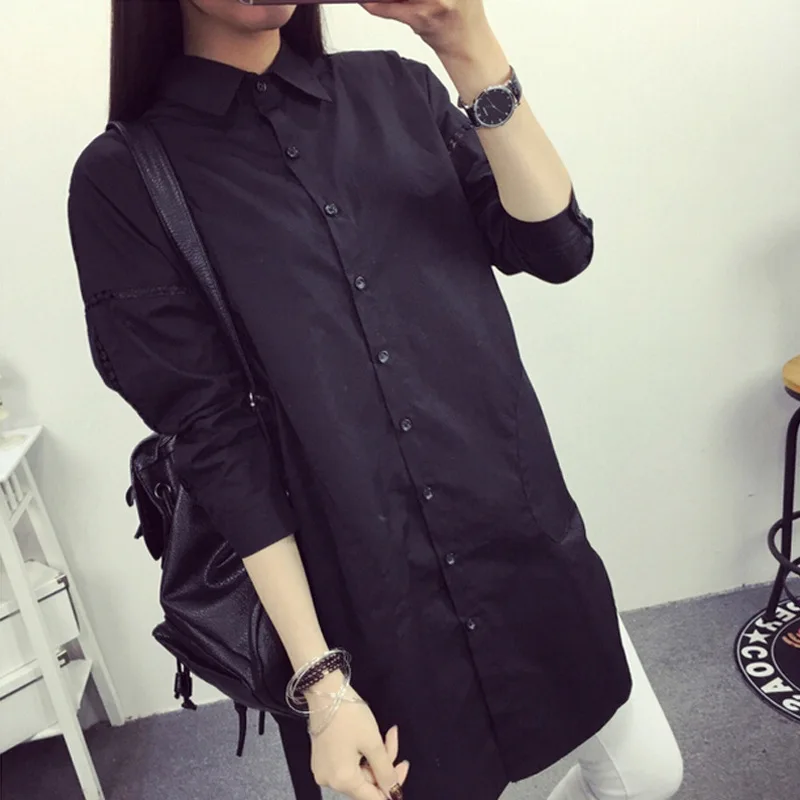 [EWQ] Spring Summer New Pattern Lapel Long Sleeve Solid Patchwork Single Breasted Hollow Out Casual Shirt Women AG81501