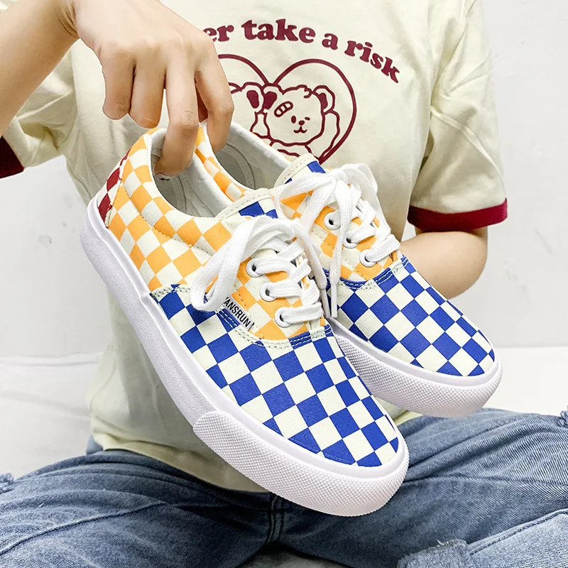 

Shoes Women Spring Summer 2019 New Canvas Girls Students Plaid Walking Sneakers Korean Edition Ins Style White Sapatos Sale