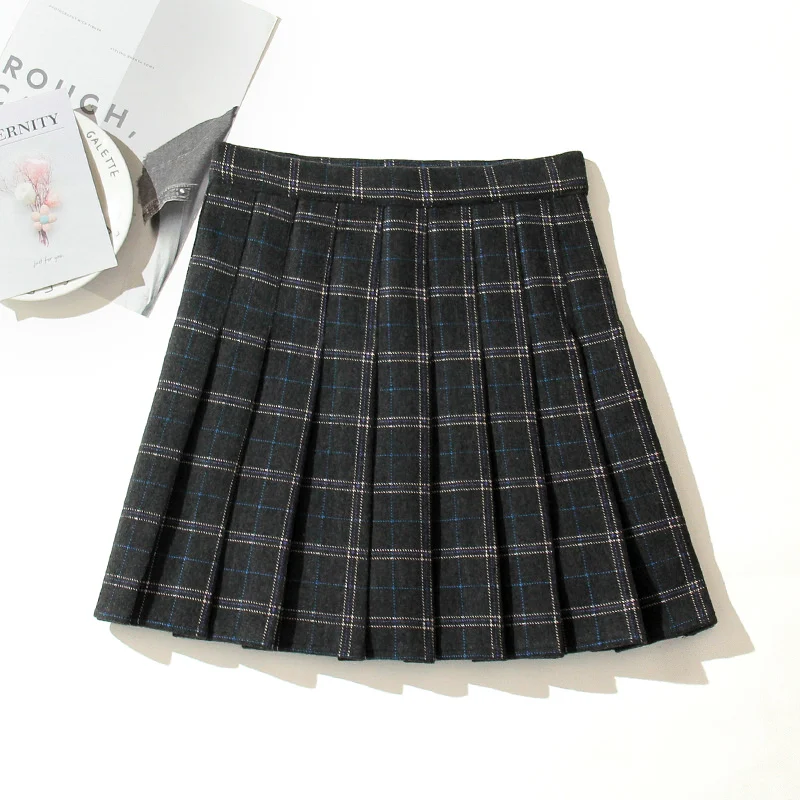 

Casual Pleated Skirt Women Winter Wool Short Skirts A-line Mini Jupe Femme Gray Black Saia Kawaii School Skater Skirt