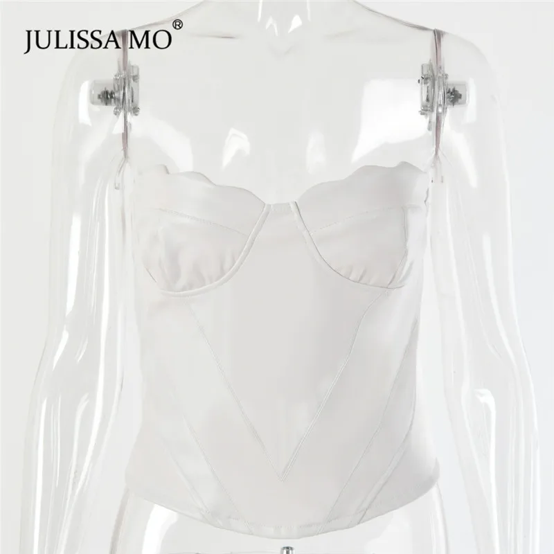 JULISSA MO White PU Leather Summer Tube Tank Top Women Strapless Backless Sexy Tanks Tops Fur Fashion Off Shoulder Bustier Tee