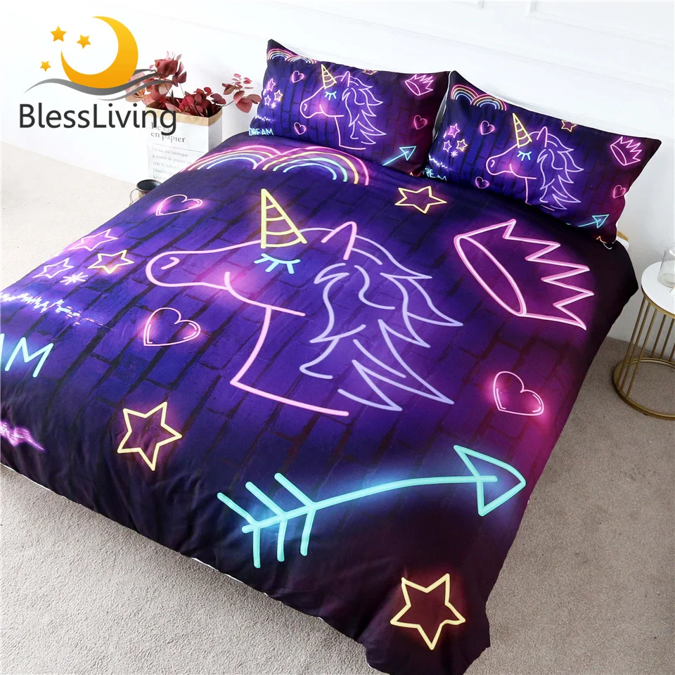 Juego de cama de unicornio funda de edredón luminosa, colchas coloridas de corona de luz de neón, de cama para niños de 3 piezas|Juegos de ropa de cama| -