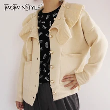 TWOTWINSTYLE вязаный женский свитер с рюшами фонарь длинный рукав v-образный вырез корейский кардиганы женский осень зима мода