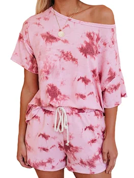 

Women Clothes Sets Tie-Dye Print Round Neck Loose T-shirt+Drawstring Shorts 2 Pieces Nightwear Set for Women Female S/M/L/XL