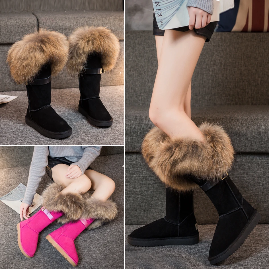 Bottes De Neige Femme De Luxe Bottes de neige en fourrure de renard véritable pour femme, chaussures de  luxe, hauteur aux genoux, semelle épaisse, cuir de vache, imperméables |  AliExpress