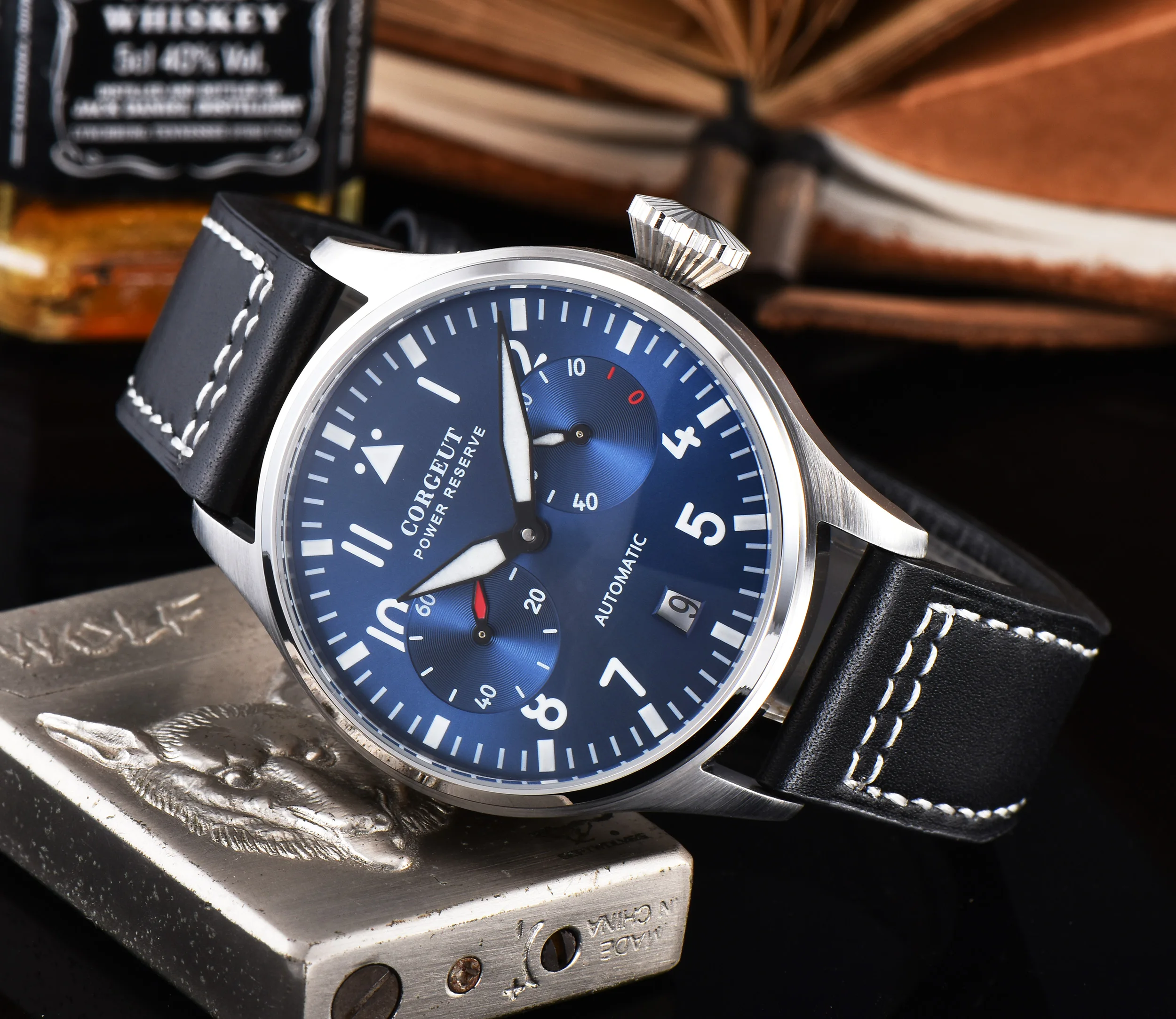 Corgeut42MM автоматические механические наручные часы мужские светящиеся Дата синий циферблат нержавеющая сталь настоящий пояс 316L нержавеющая сталь Водонепроницаемый