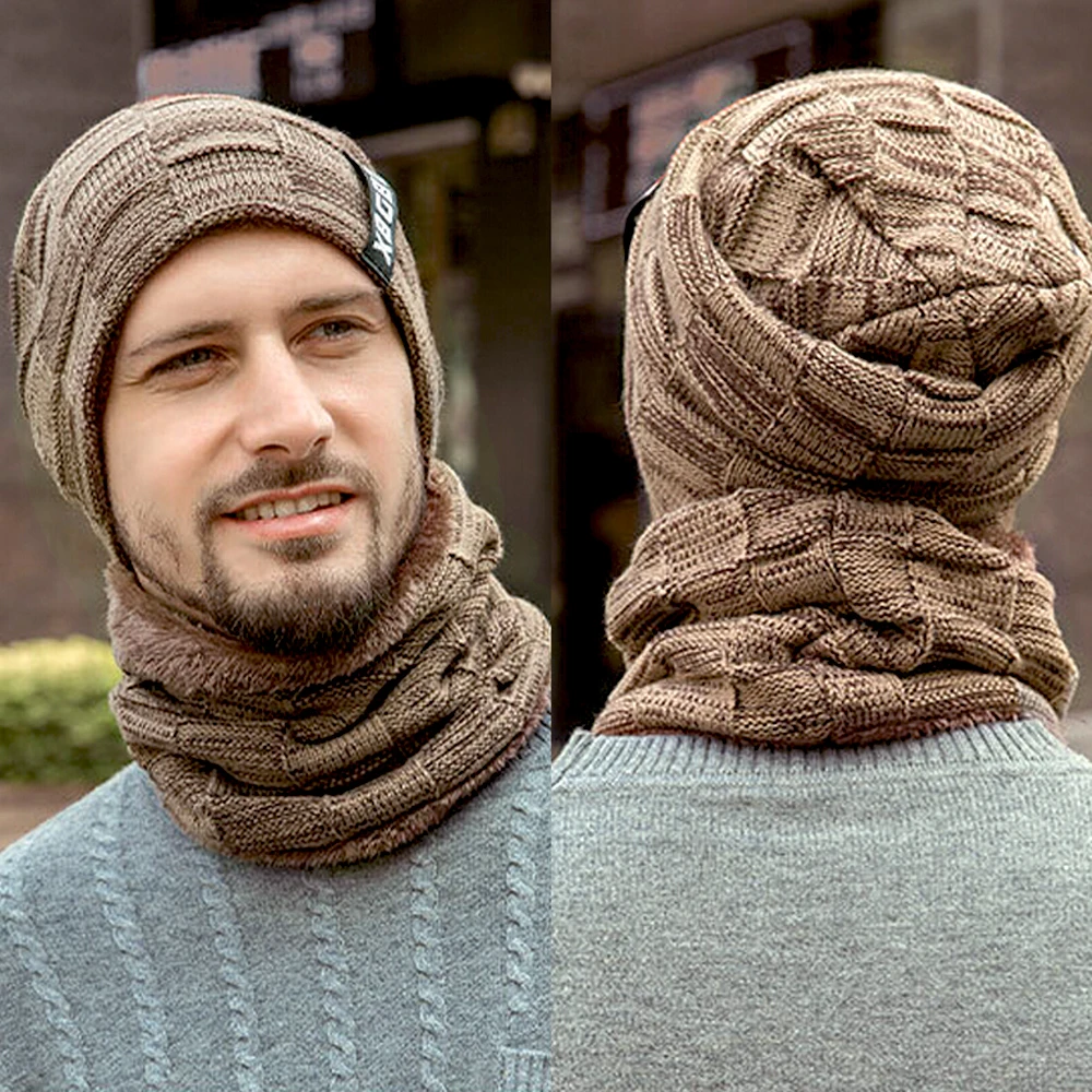 2 шт. ретро мужские шапки Skullcap и теплый шарф на шею комплект Зимний вязаный термальная утолщенная шапка Skullie мягкие вязаные шапочки