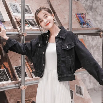 

2020 Autumn New Korean Version Of The Loose Bat Sleeve Denim Jacket Female Wild Black Short Coat Shirt