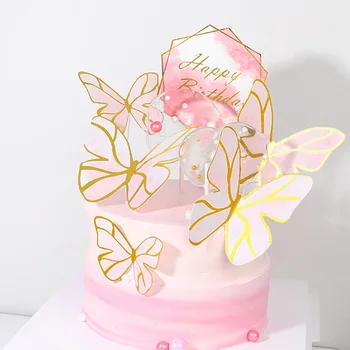 

New Beautiful Butterfly Happy Birthday Cake Topper Gold Birthday Cupcake Topper Supplies for Kids Birthday Party Cake Decoration