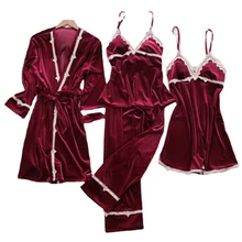Autumn and Winter New Gold Velvet Pajamas Women's Sexy Sling Nightdress Nightgown Four-Piece Set with Chest Pad Home Wear