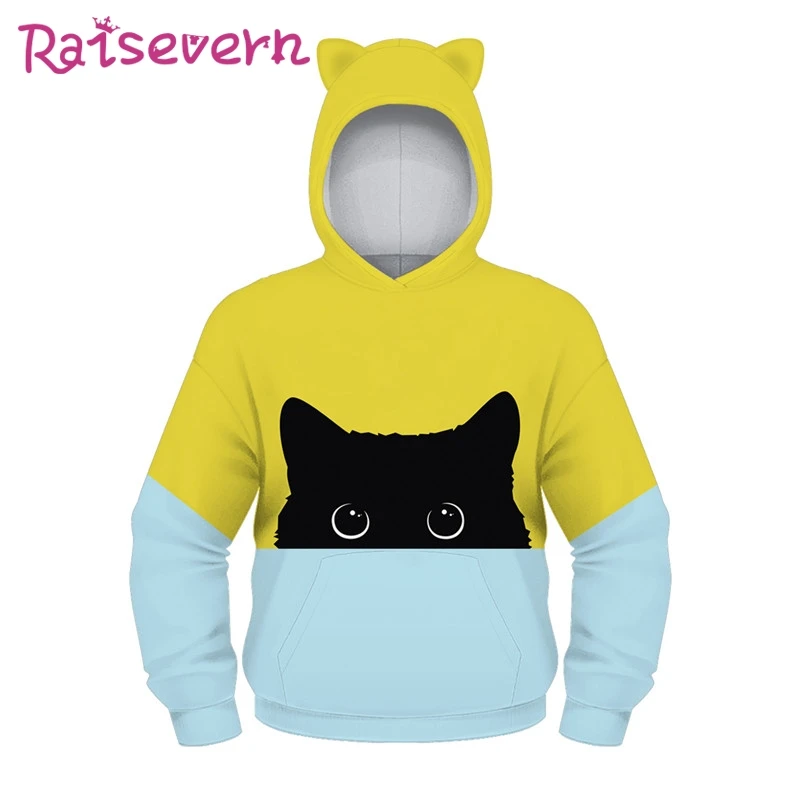 RAISEVERN Cat Print Cat Ear Children Hoodies Unisex Animal Printed Hooded Kids Girls Boys Sweatshirts Jackets Autumn