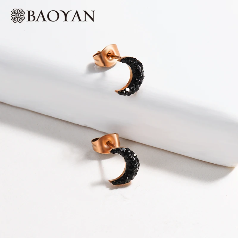 Маленькие серьги-гвоздики Baoyan с черной луной, розовое золото/серебро/золото, серьги из нержавеющей стали, стразы, серьги в форме полумесяца для женщин