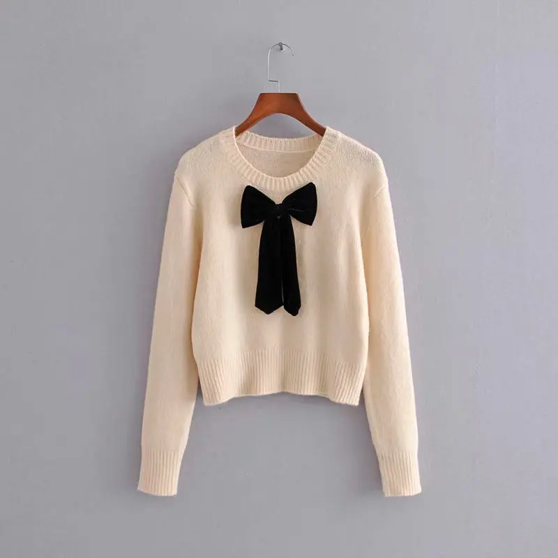 beige sweater Звездный Светлячок дикий элегантный сладкий сплошной Трикотаж Женский Повседневный тонкий бархатный с бантом деловой официальный свитер для женщин - Цвет: beige sweater