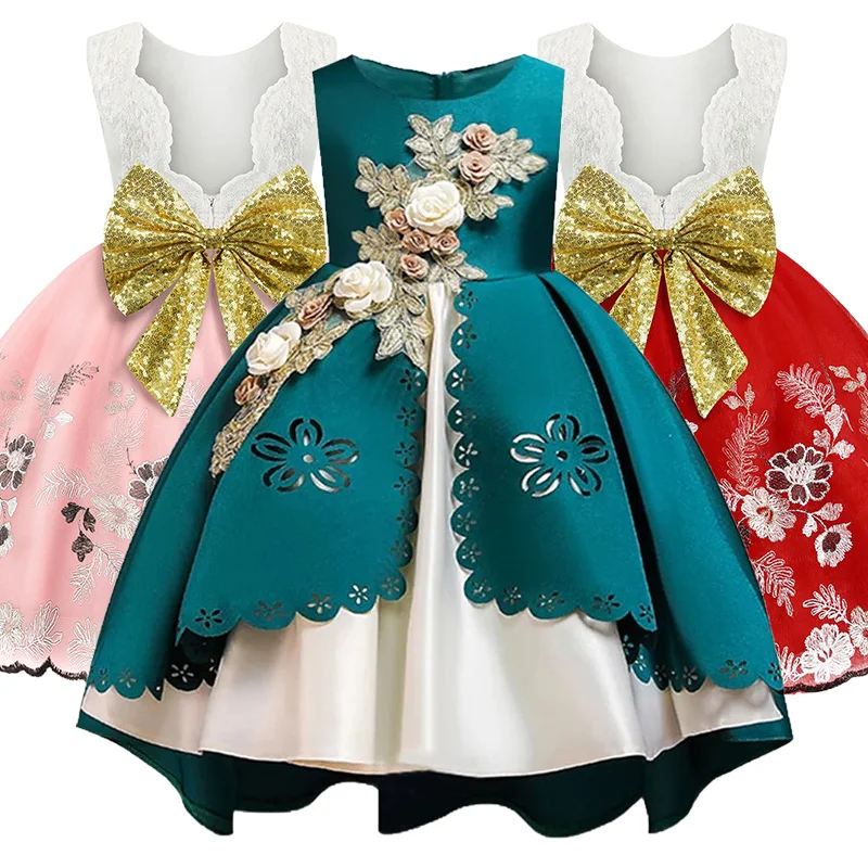 Платье с цветочным узором для девочек; детская одежда; Детские платья с вышивкой для девочек на свадьбу; Нарядные Костюмы со шлейфом для детей 3-10 лет