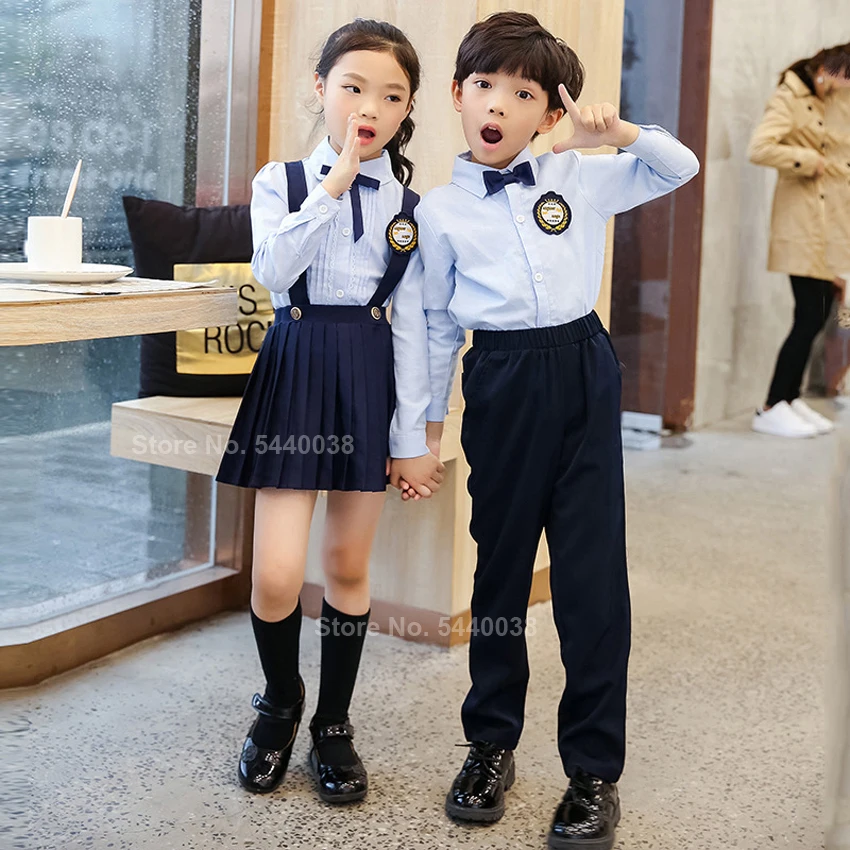 Детский Школьный костюм Uniformes Estudiantes для маленьких мальчиков и девочек, костюм для сценического выступления однотонный топ с лямками, плиссированная юбка, комплект со штанами