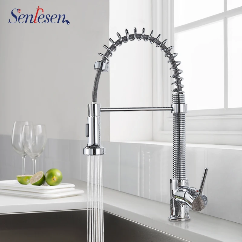 Senlesen Chrome Commercial Single Handle Pull Down Sprayer Kitchen Sink Faucet One Hole Pull Out Kitchen Faucets 