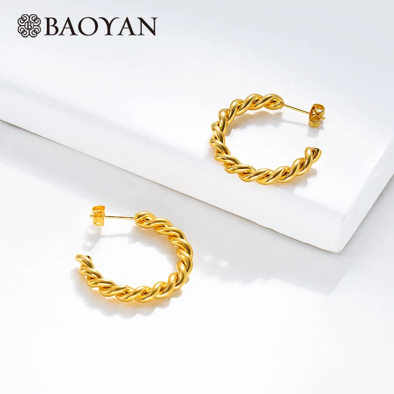 Baoyan, винтажные золотые серьги-кольца с петлей, витые серьги-кольца из нержавеющей стали, минималистичные золотые титановые серьги для женщин