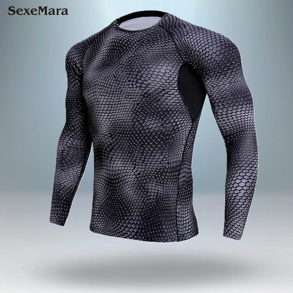 T-shirt Мужские 3D компрессионные беговые костюмы, одежда, спортивный комплект, длинная футболка и штаны, для тренажерного зала, фитнеса, тренировок, колготки, мужская спортивная одежда - Цвет: T-shirt
