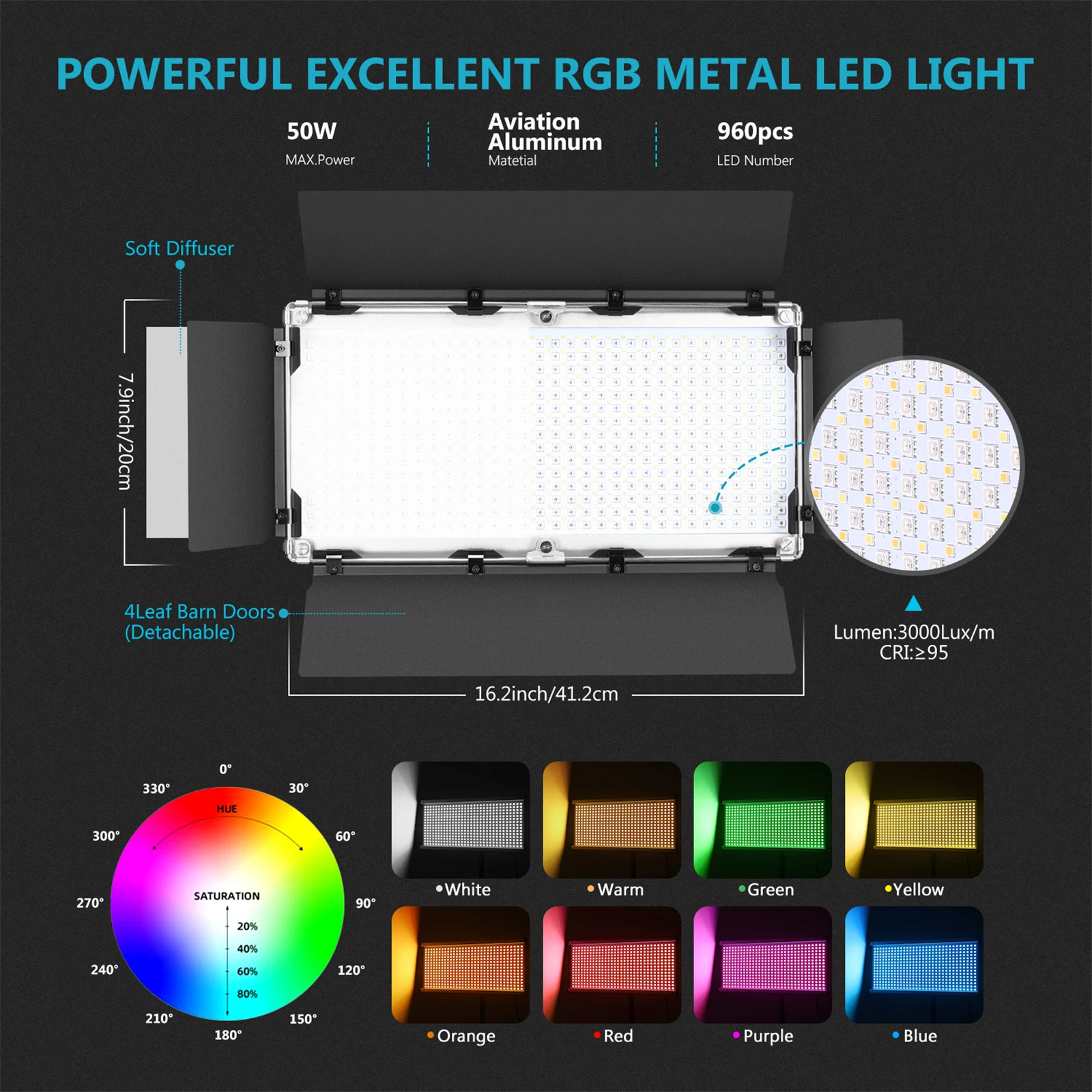 Metal Shell for Photography Neewer 960 RGB Led Light with APP Control 960 SMD LEDs CRI95+/3200K-5600K/Brightness 0-100%/0-360 Adjustable Colors/9 Applicable Scenes with LCD Screen/U Bracket/Barndoor 