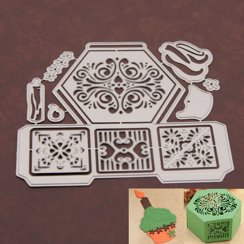 Sliver Delicate Hexagon Box Embossing Metal Cutting Dies Kscrafft Die Cuts for Scrapbooking Card Making Christmas Album Decors - Color: Sliver