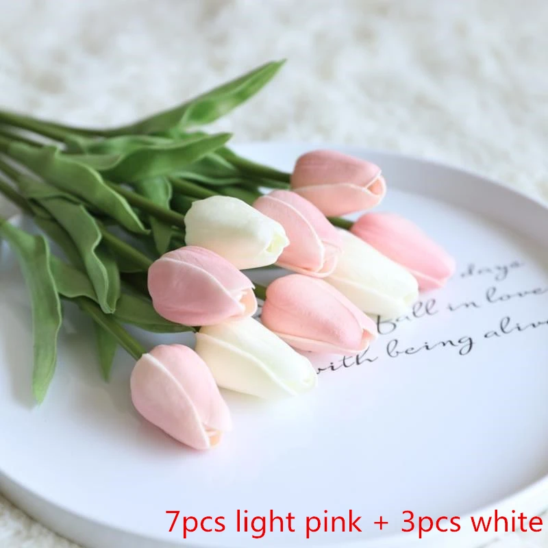 Bouquets de Fausses Tulipes Rose Clair / Rouge / Blanc pour Mariage Intérieur et Extérieur Décoration de Fête Tulipes Artificielles 10 Pièces de Fleurs de Tulipes Artificielles en Soie Rose clair