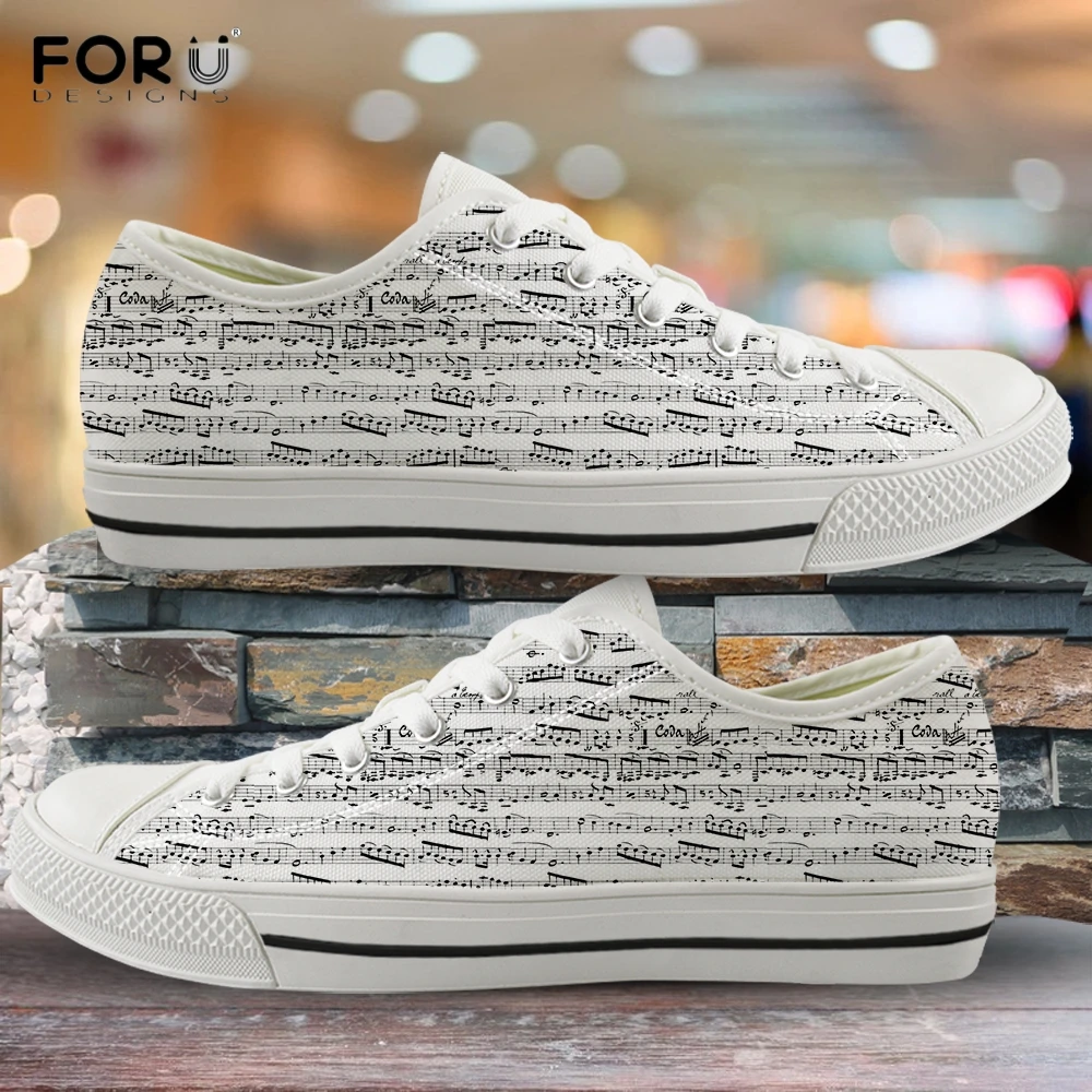 

FORUDESIGNS White Music Notes Pattern Ladies Low Top Canvas Shoes 2020 Casual Shoes Women Spring/Autumn Musical Lace Up Sneakers