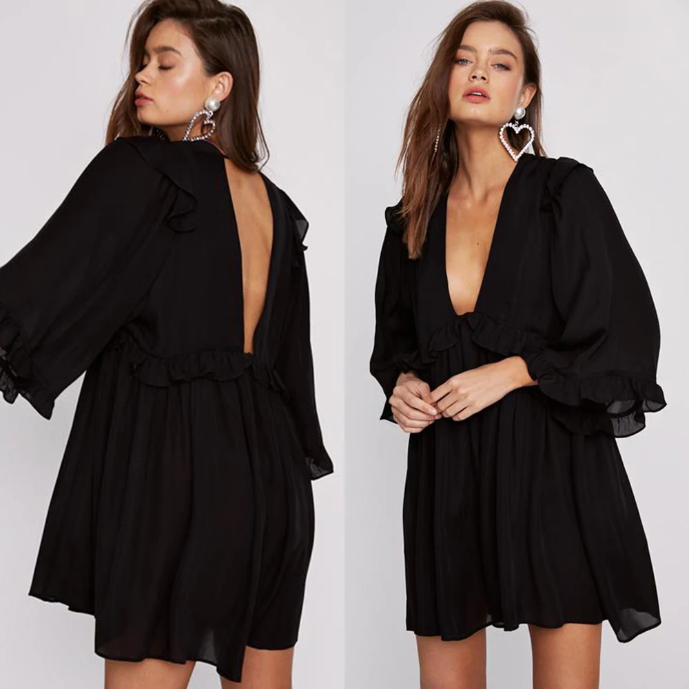 Ladies Dress Ruffled Solid Party Short Cocktail Beach Loose Boho V Neck Summer